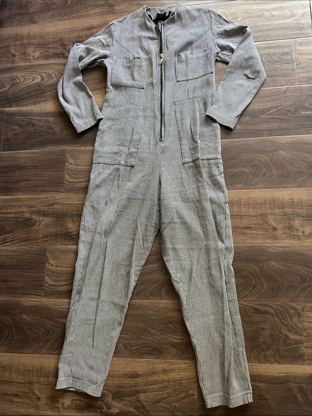 Striped Long-Sleeve Utility Jumpsuit in Light Gray